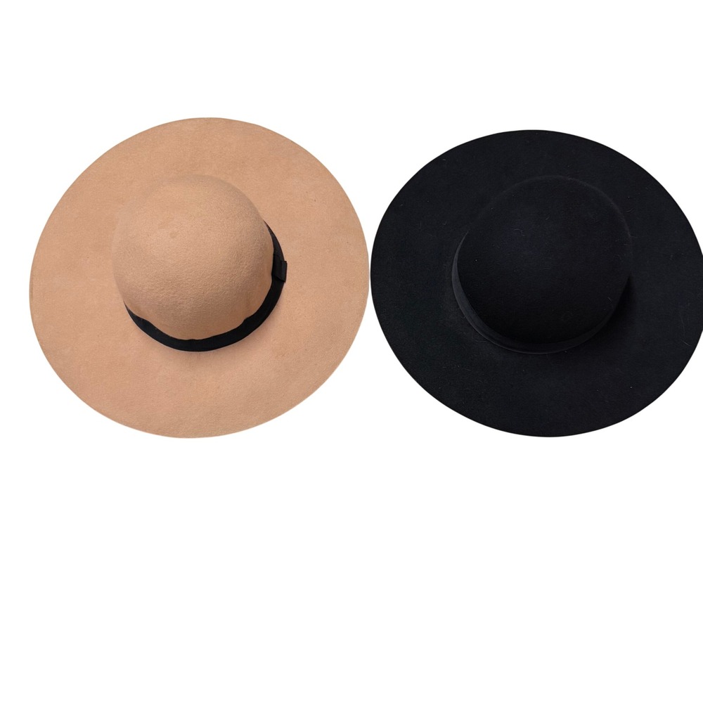 Kittenish Womens 100% Wool Wide Brim Floppy Hat Lot Set Black Tan 2 Pack RN13962